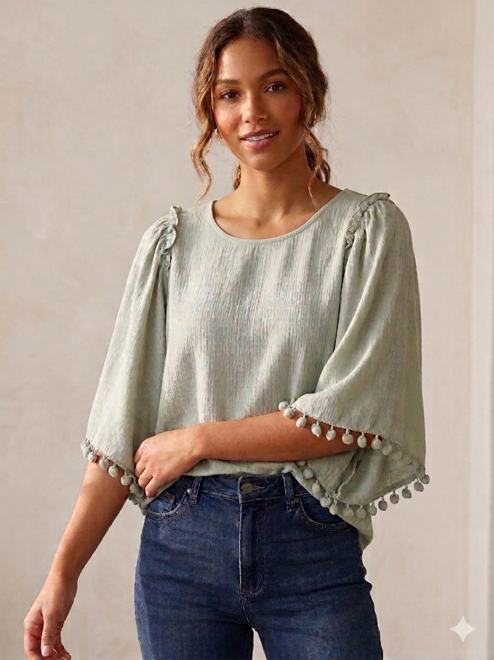 Spense Sage Green Boho Top M Pom Pom Trim Angel Bell Sleeve Keyhole Flowy